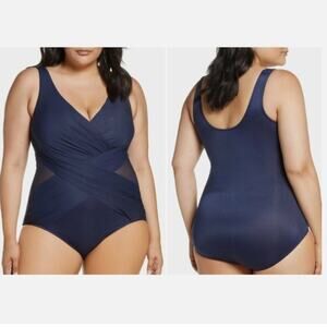 Miraclesuit 22W Swimsuit One Piece Navy Blue Wrap Illusionist Crossover Beach